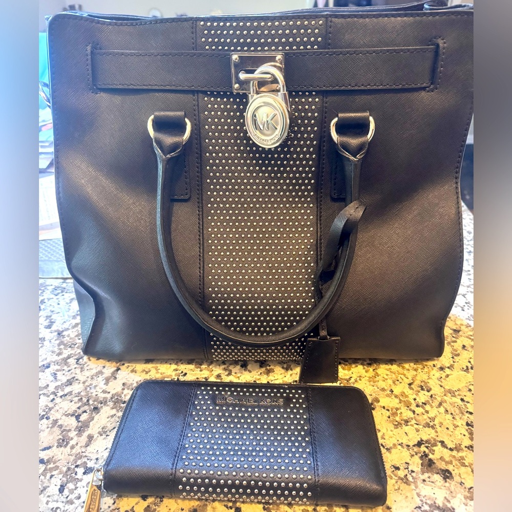 Michael Kors large black with silver studs handbag & matching wallet